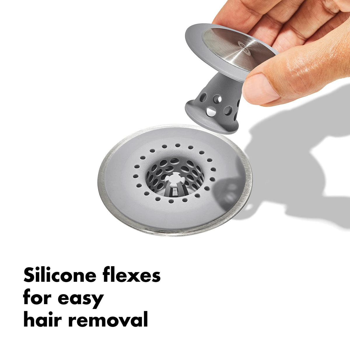 OXO Good Grips stainless steel and silicone construction; durable bathroom accessory.