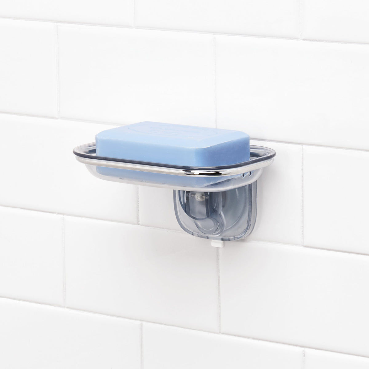OXO Good Grips suction soap dish with draining slots prevents puddling between uses.