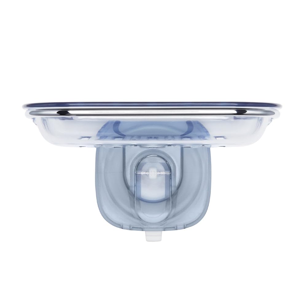 OXO Good Grips suction soap dish on a smooth shower wall keeps soap dry between uses.