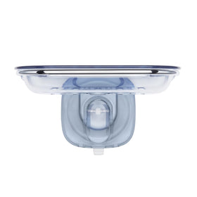 OXO Good Grips suction soap dish on a smooth shower wall keeps soap dry between uses.