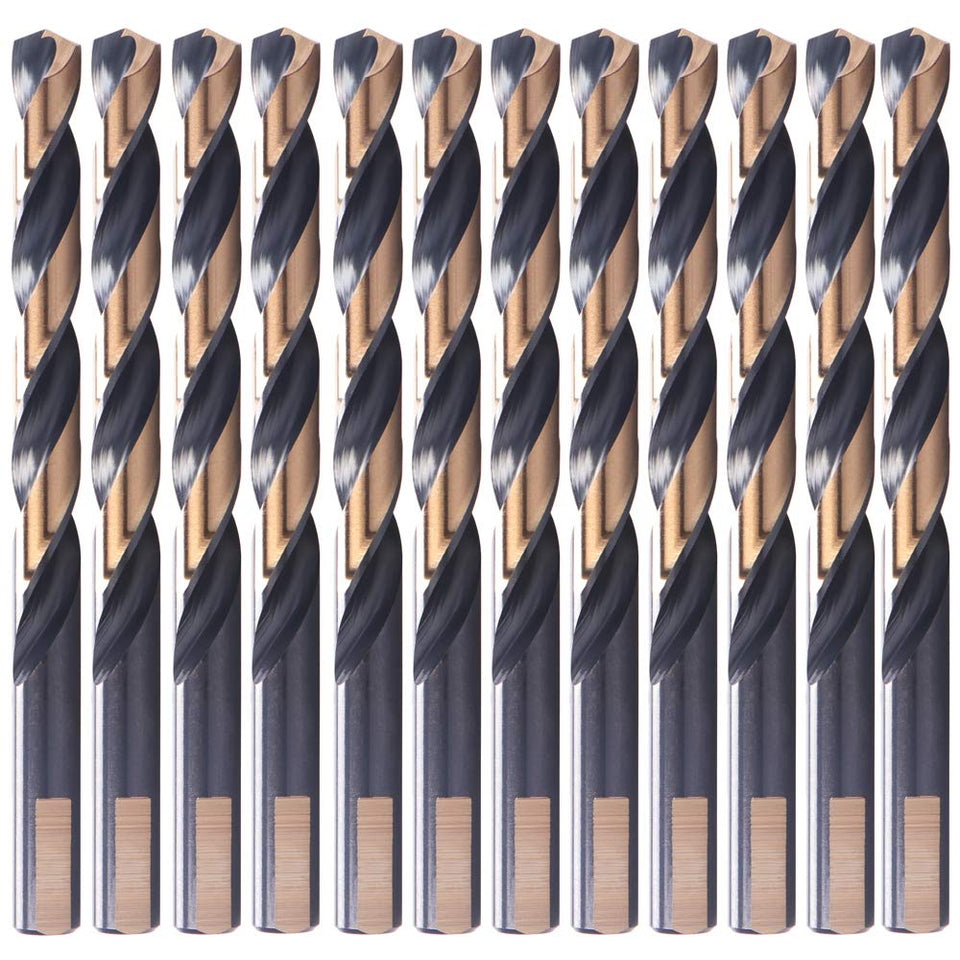 OXTUL 12-piece 1/4 inch black and gold twist drill bits for metal, wood, plastics