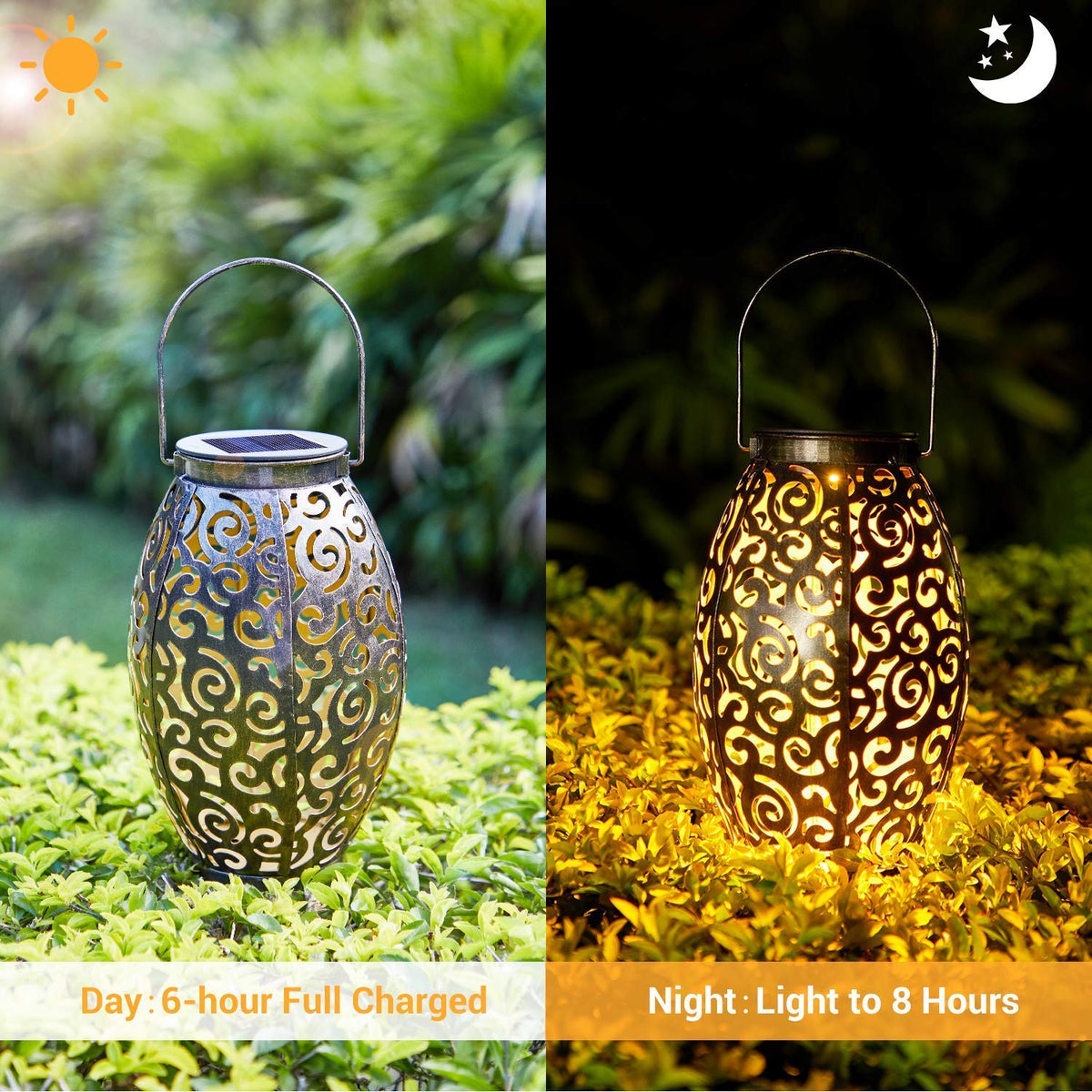 OxyLED solar lantern casts patterns along garden path