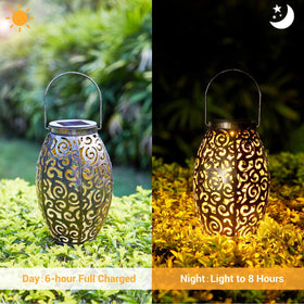 OxyLED solar lantern casts patterns along garden path