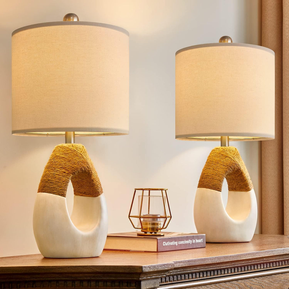 OYEARS 19 inch small boho table lamps pair on a bedside table for cozy evenings.