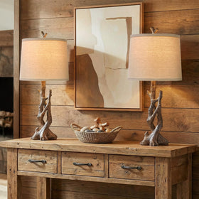 OYEARS 23-inch rustic table lamp with wood grain enhances bedroom ambiance