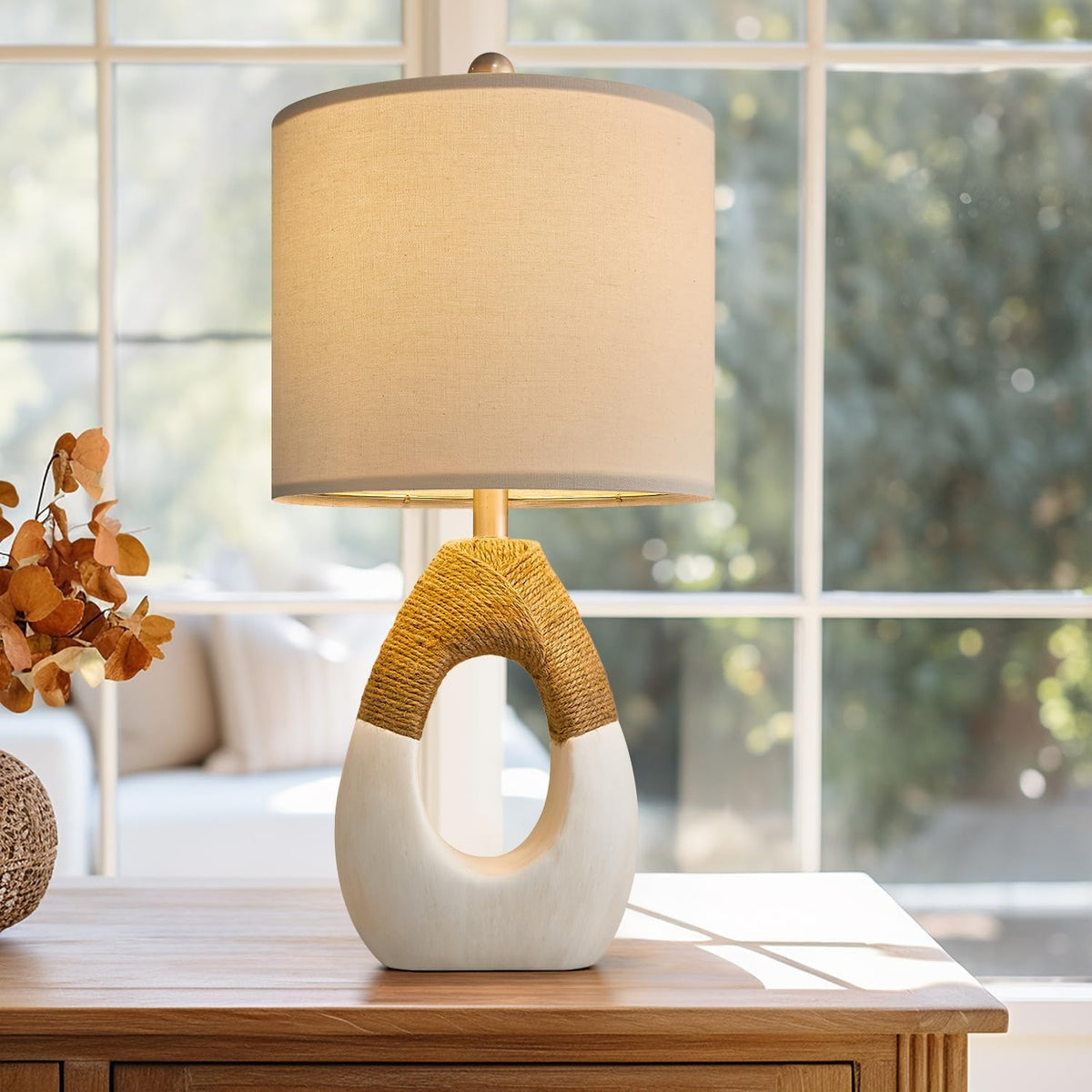 OYEARS bedside lamp on nightstand emits soft ambient light for relaxation.