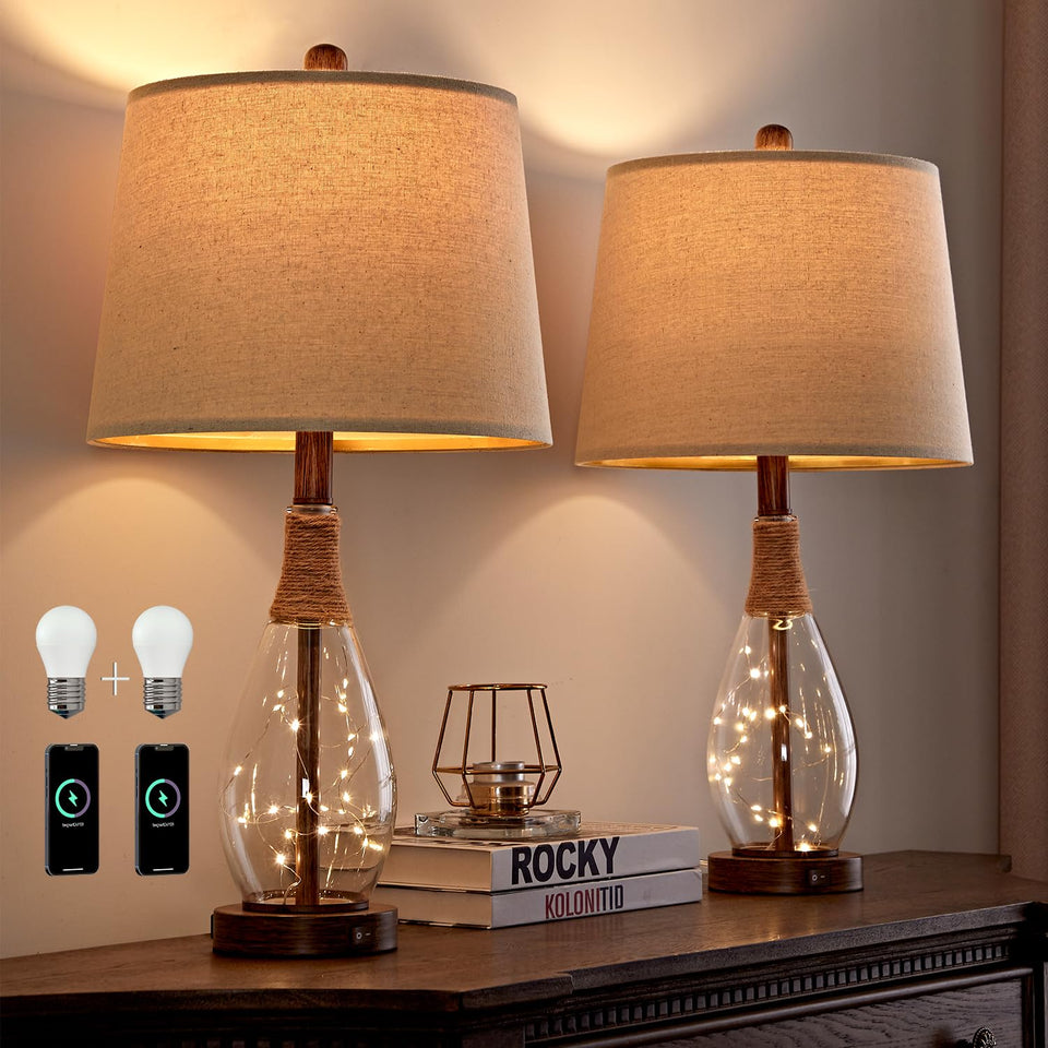OYEARS bedside lamp with teardrop glass and fairy lights creates a warm ambient glow.