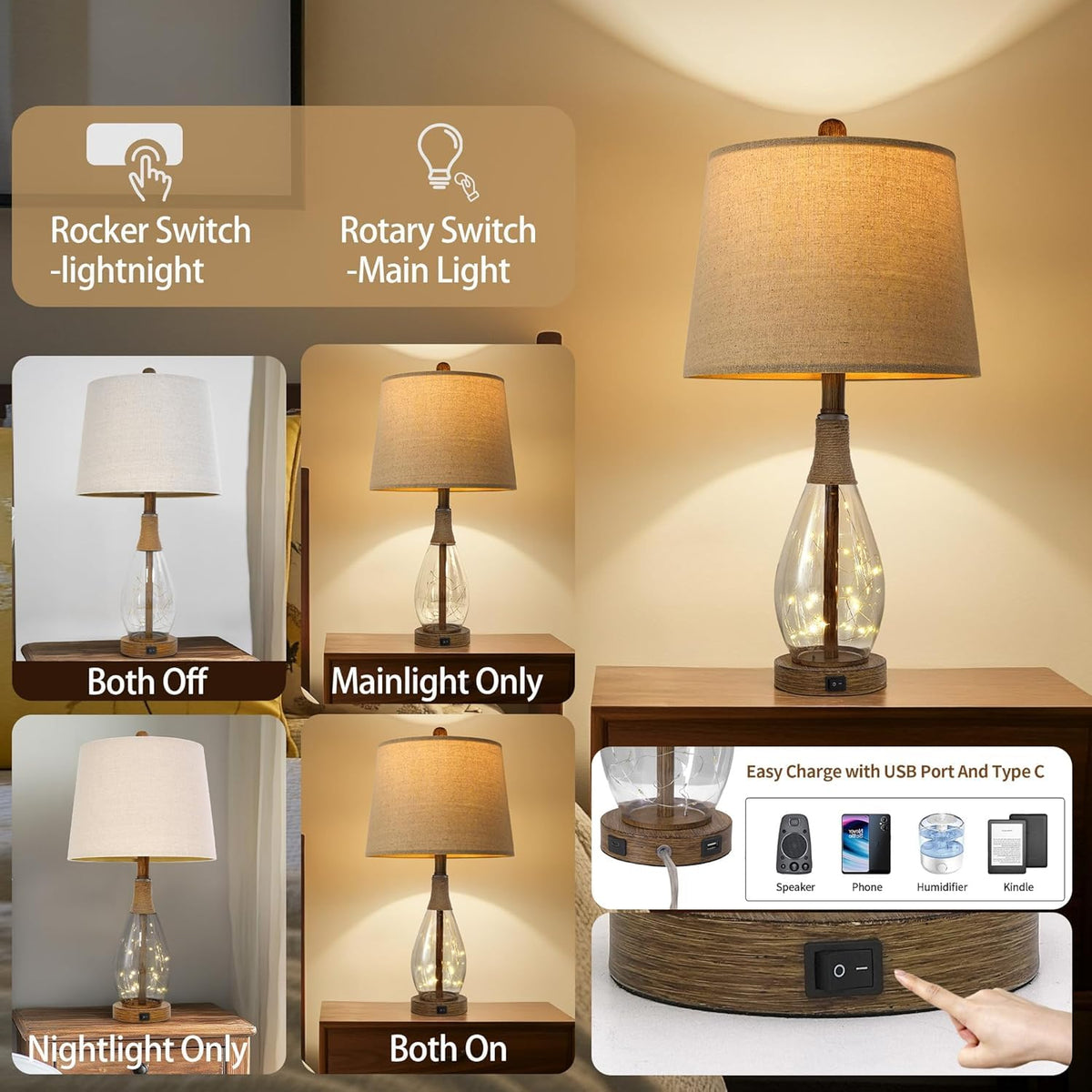 OYEARS lamp shows wooden-like pole and boho rattan accents for rustic elegance.