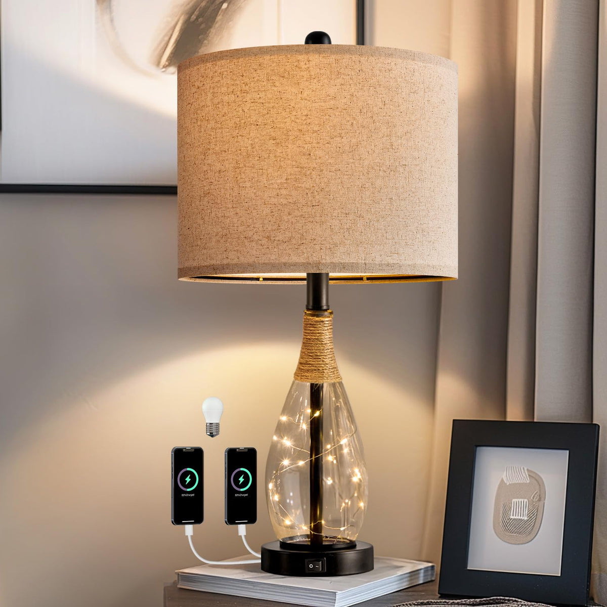 OYEARS bedside lamp USB black modern nightstand for easy charging near the bed