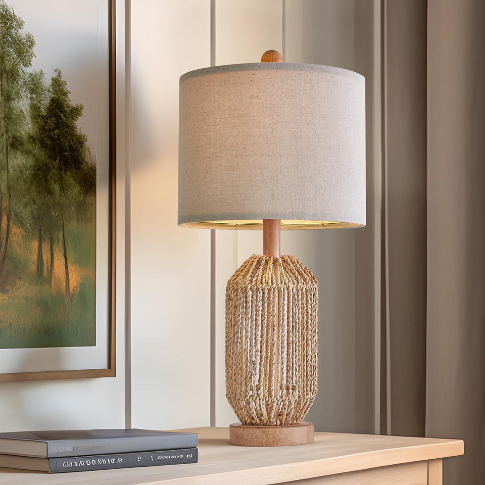 OYEARS lamp base with twine weave for rustic charm and sturdy nightstand support.