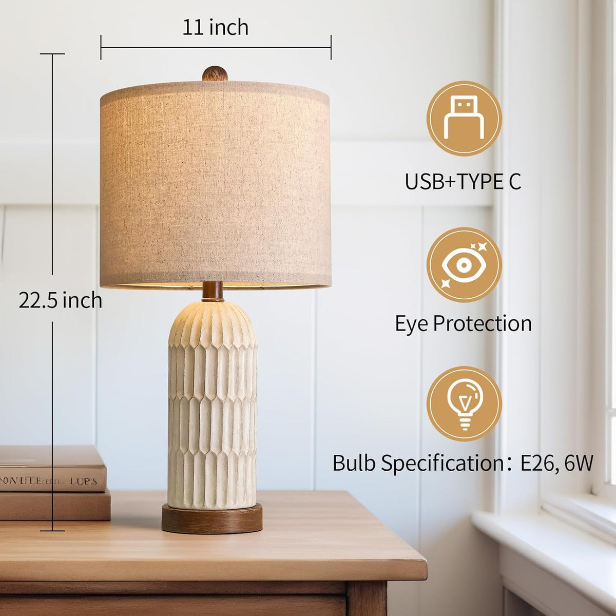 OYEARS usb-a-c-ports table-lamp for easy bedside charging.