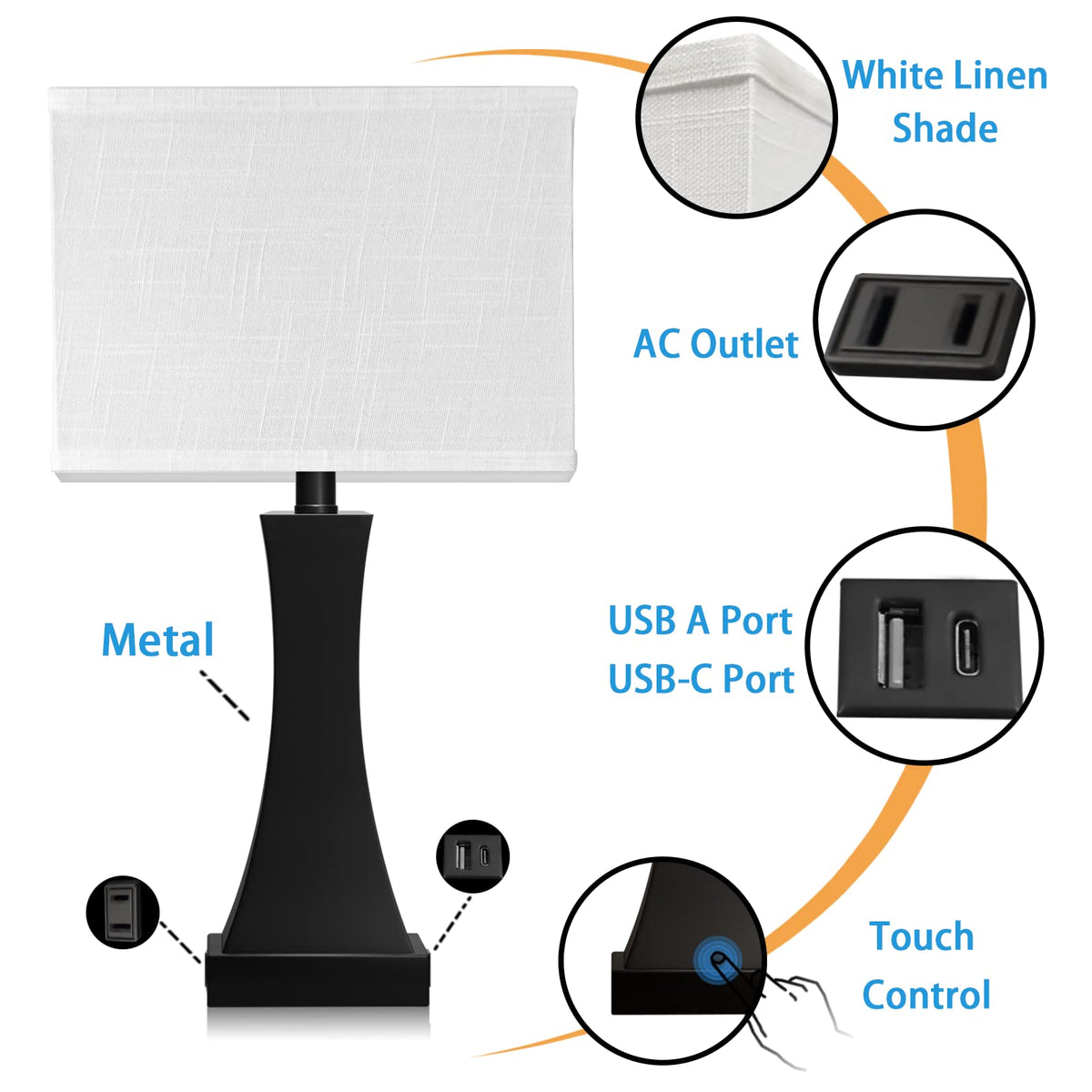 OYedis bedside lamp showing USB port and USB-C charging for easy device power.