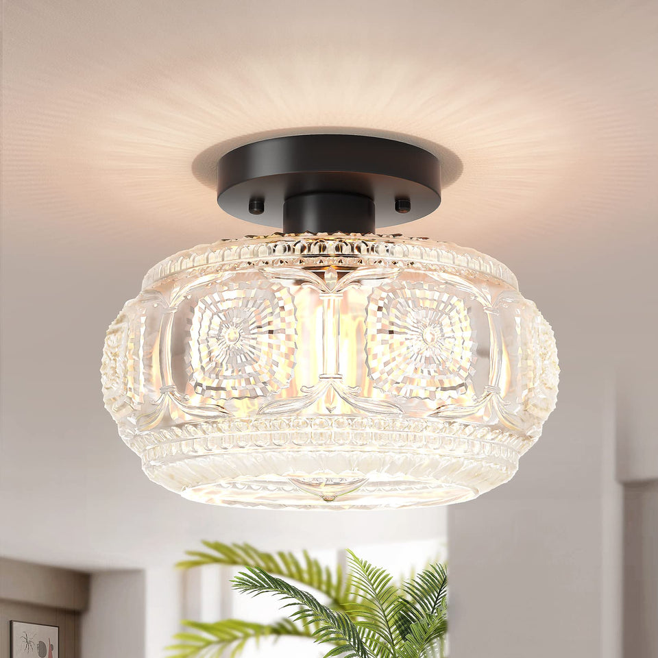 OYKYOHEI semi flush mount globe glass shade adds warm ambient lighting.
