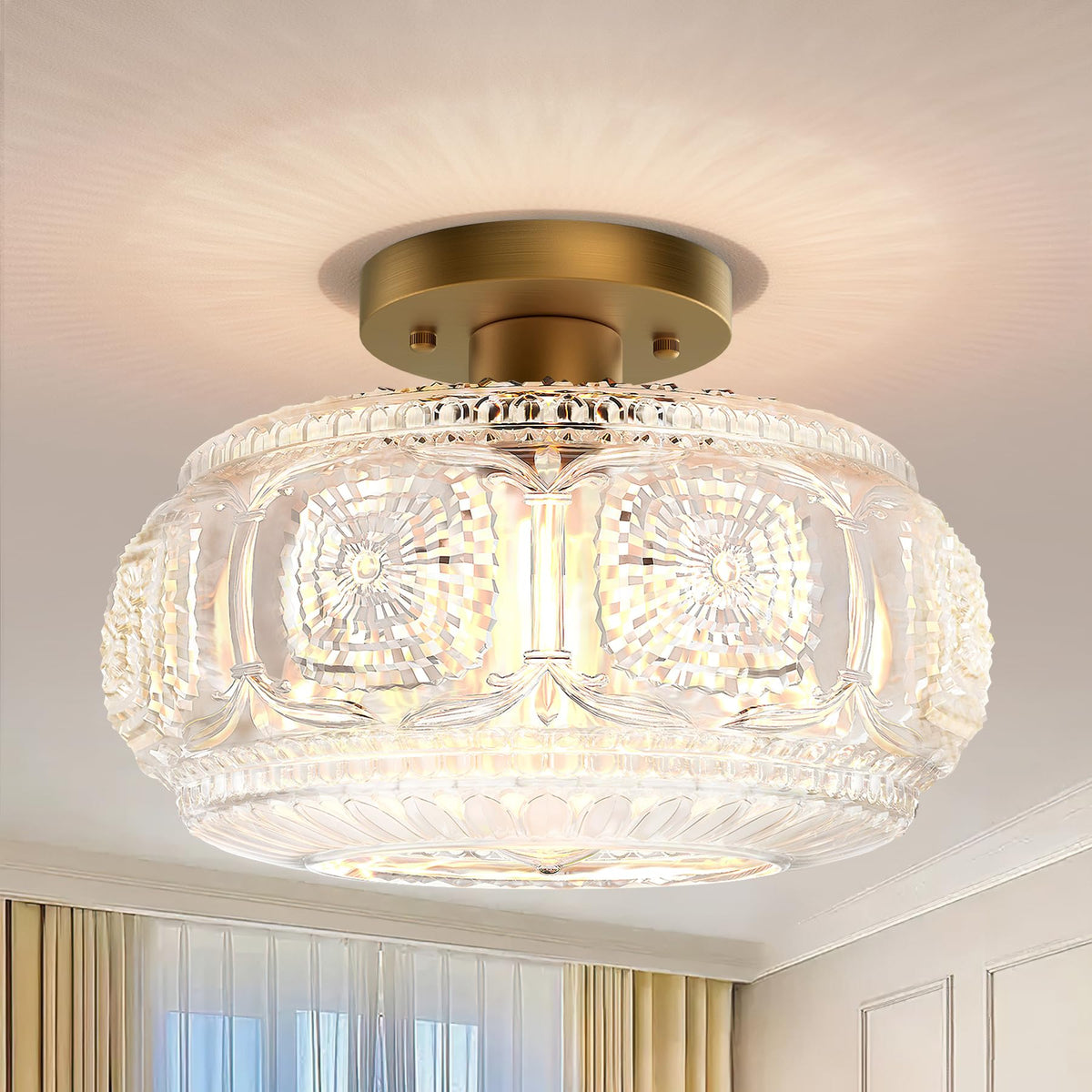 OYKYOHEI semi flush mount with gold glass shade, front view for ambient hallway lighting