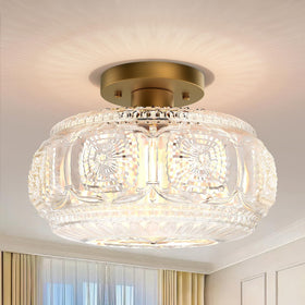 OYKYOHEI semi flush mount with gold glass shade, front view for ambient hallway lighting