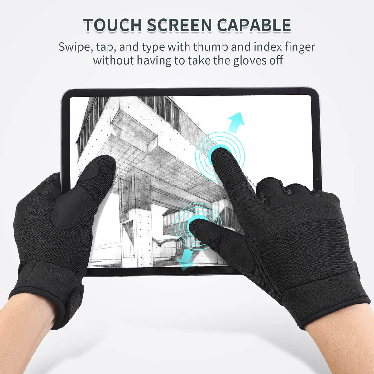 OZERO gloves touchscreen fingertips ready for device use.