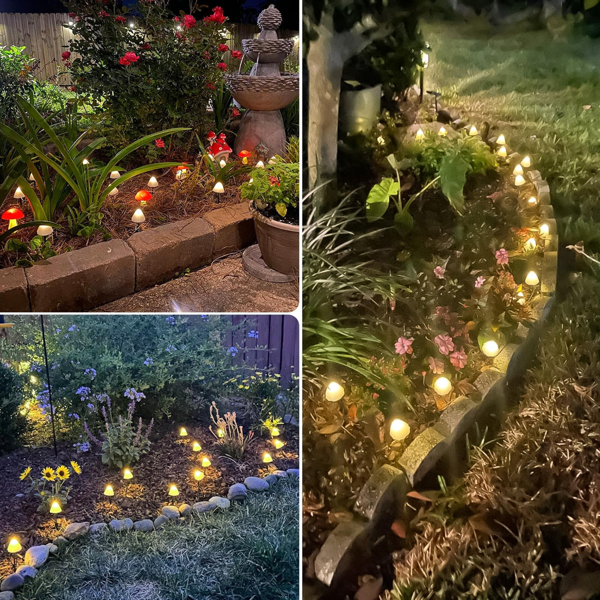 OZS two-pack mushrooms auto illuminate at dusk, reducing manual effort