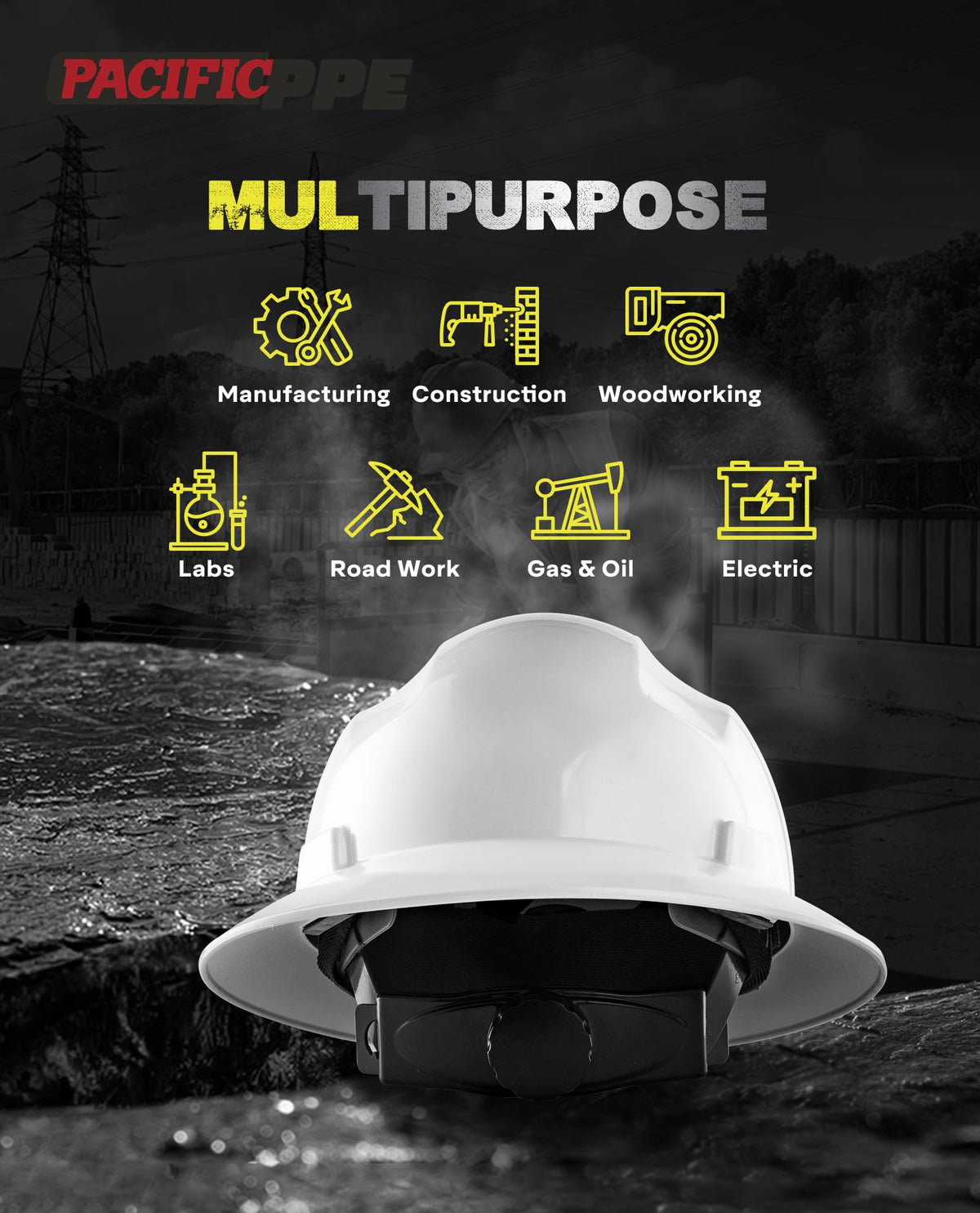 PACIFIC PPE 4-point suspension adjusts for secure, balanced comfort during shifts.