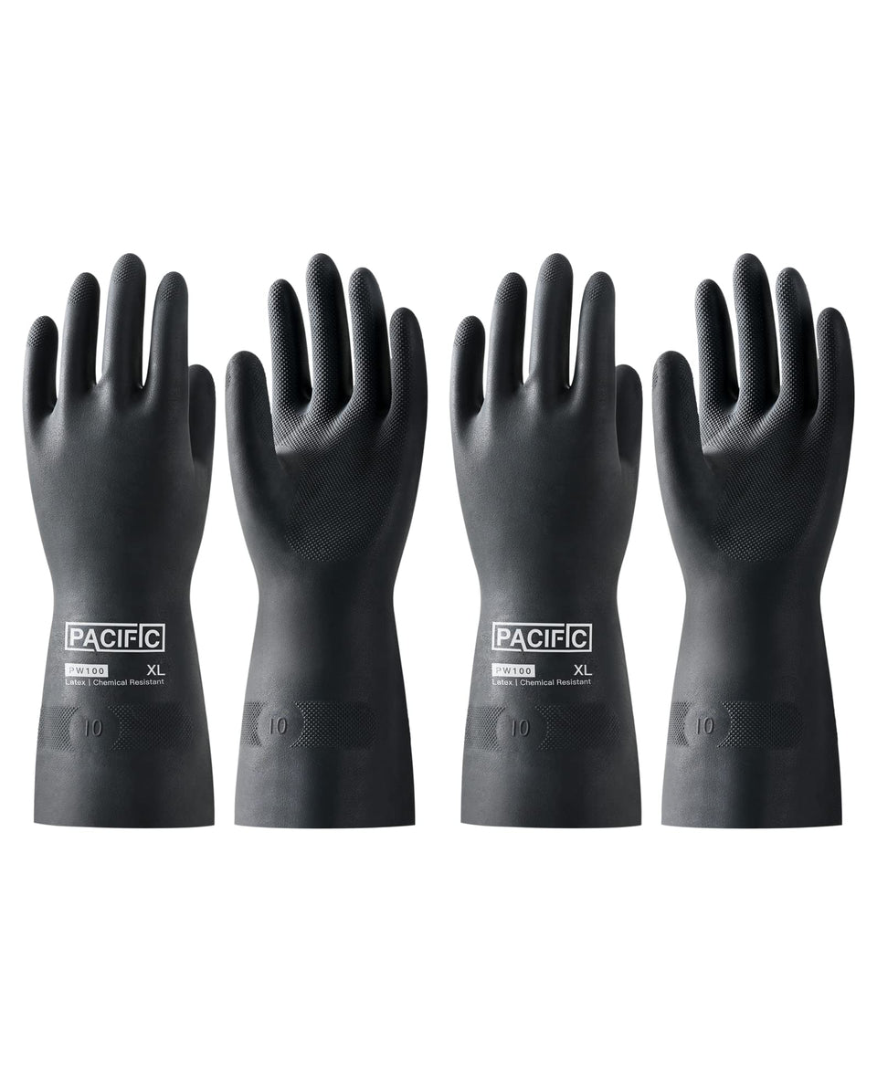 Pacific PPE chemical-resistant gloves with extended cuffs protect wrists during handling.