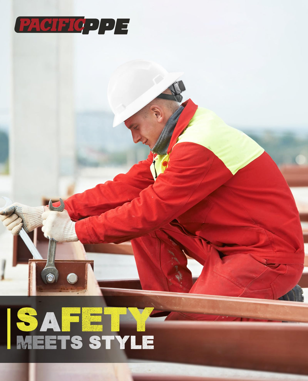 PACIFIC PPE full-brim design reduces glare, UV exposure, and wind on outdoor sites.