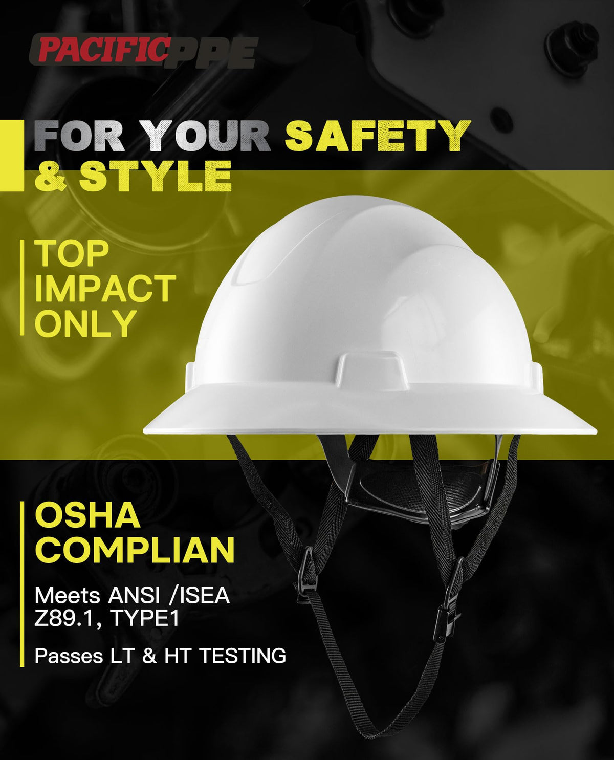 PACIFIC PPE full-brim hard hat side view with durable HDPE shell and comfort.