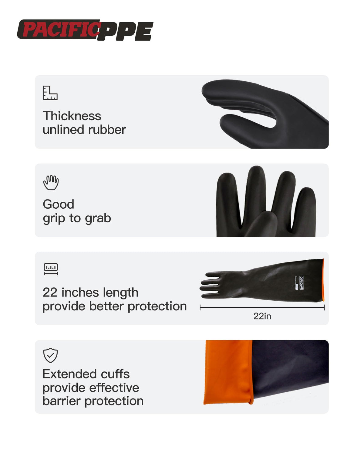 PACIFIC PPE gloves with extended cuffs protect wrists from splashes.