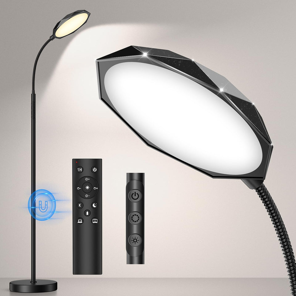 PACOVY floor lamp with diamond-surface head delivers warm ambient lighting.