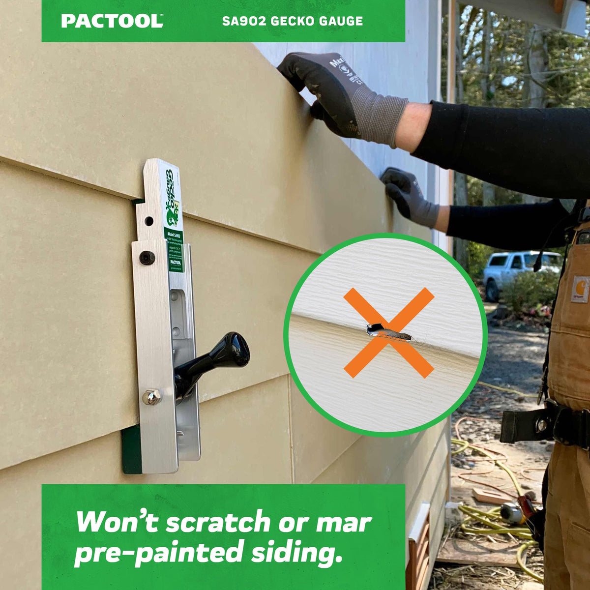 PacTool SA902 Gecko Gauge patented friction-cam keeps siding steady