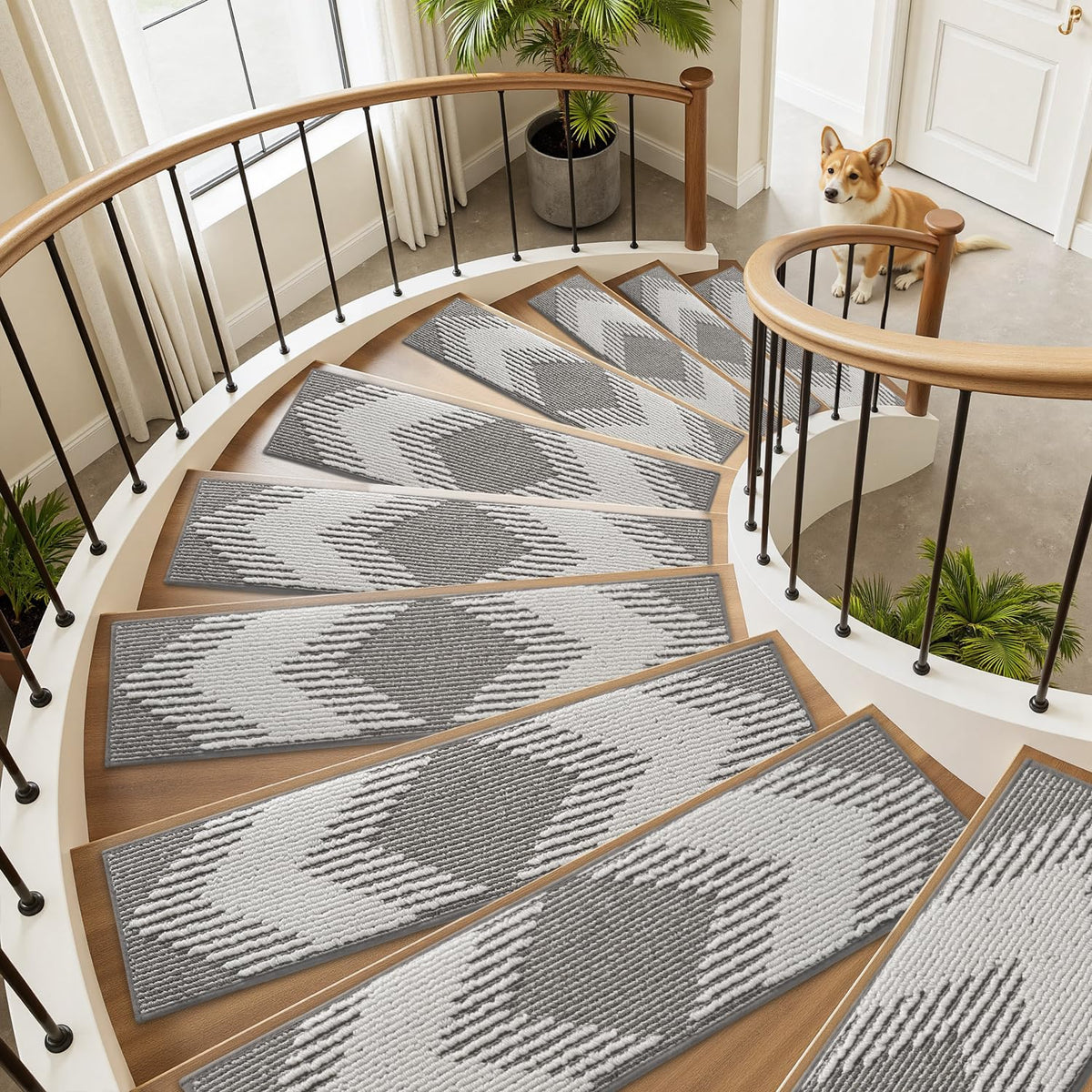 PADOOR stair treads with adhesive back demonstrate quick peel-and-stick installation.