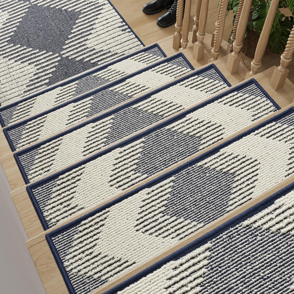 PADOOR blue 15PC stair treads with non-slip grip for wooden stairs.