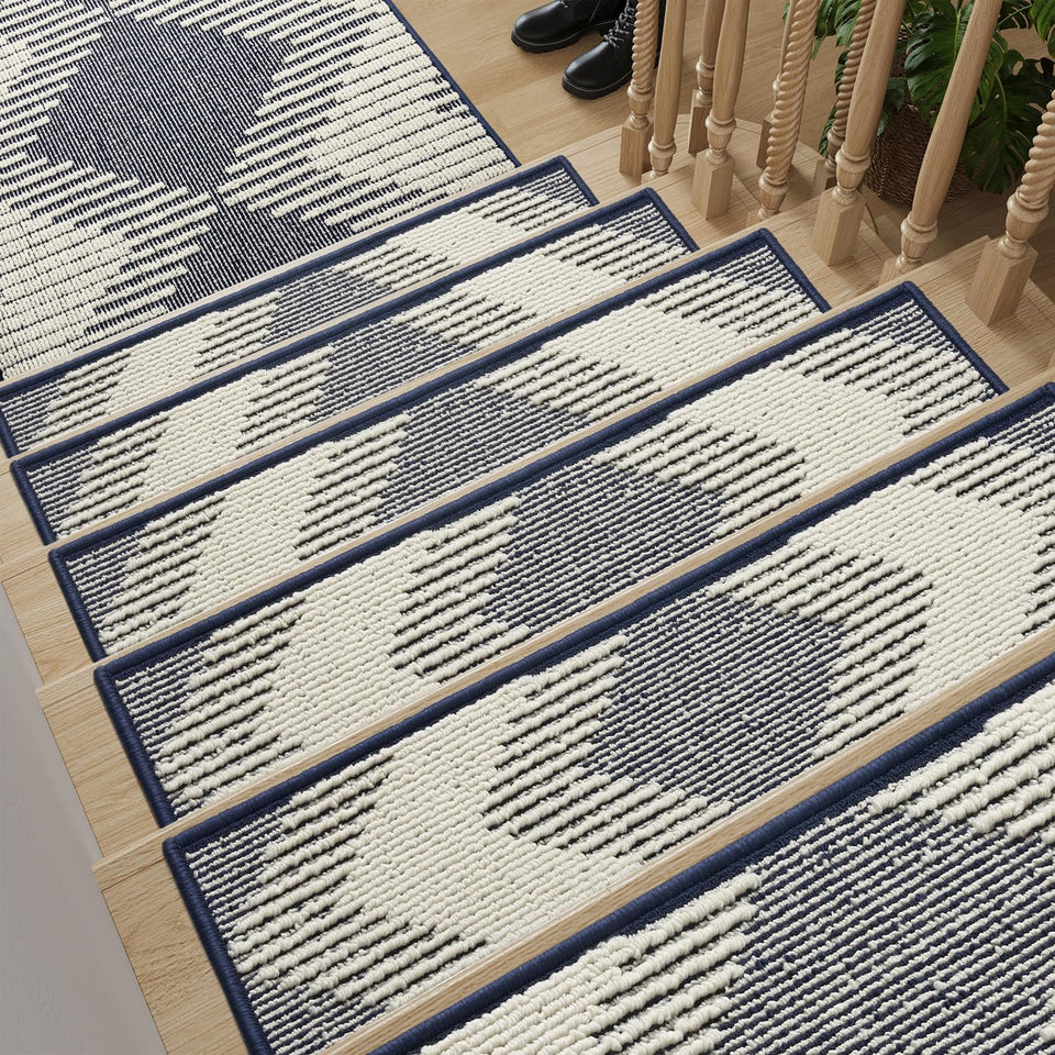 PADOOR blue 15PC stair treads with non-slip grip for wooden stairs.