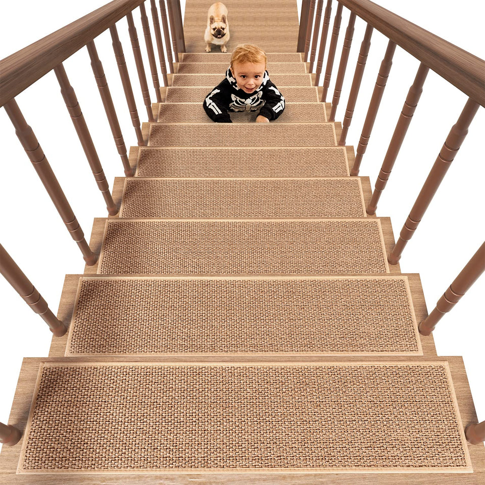 PADOOR non-slip stair treads with rubber backing on beige stairs for safer footing