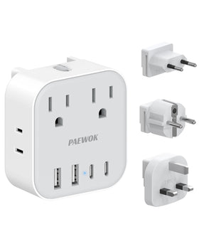 PAEWOK 8-in-1 travel adapter front view powers multiple devices abroad.
