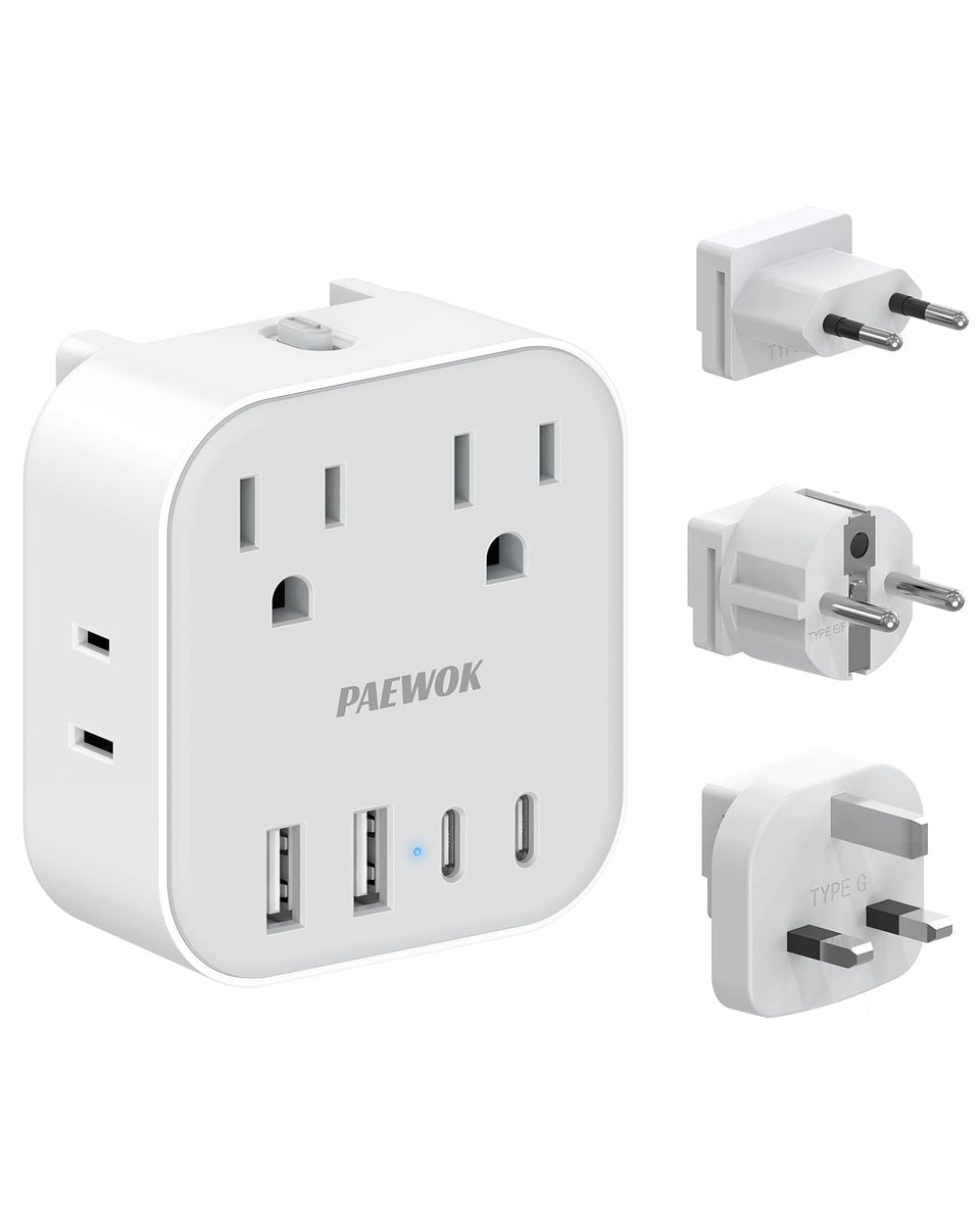 PAEWOK 8-in-1 travel adapter front view powers multiple devices abroad.