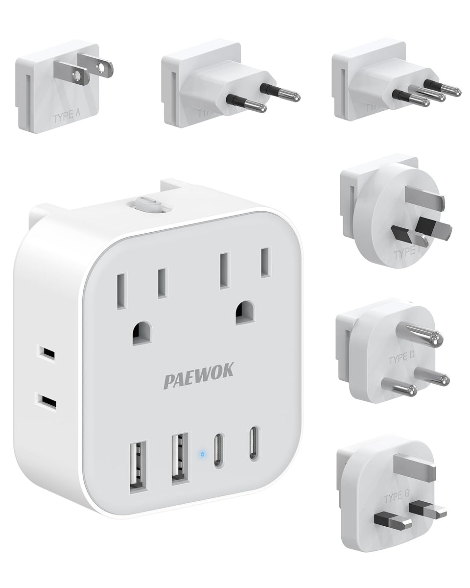 Paewok 8-in-1 travel adapter for universal region compatibility.