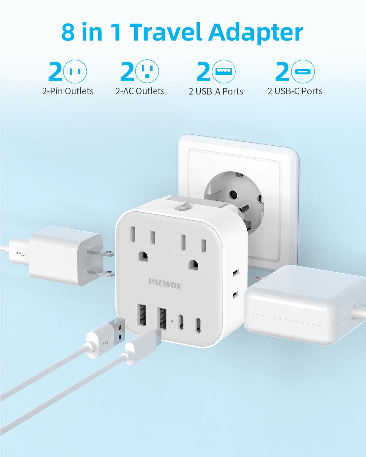 PAEWOK USB-ports close-up with USB-A and USB-C for fast charging.