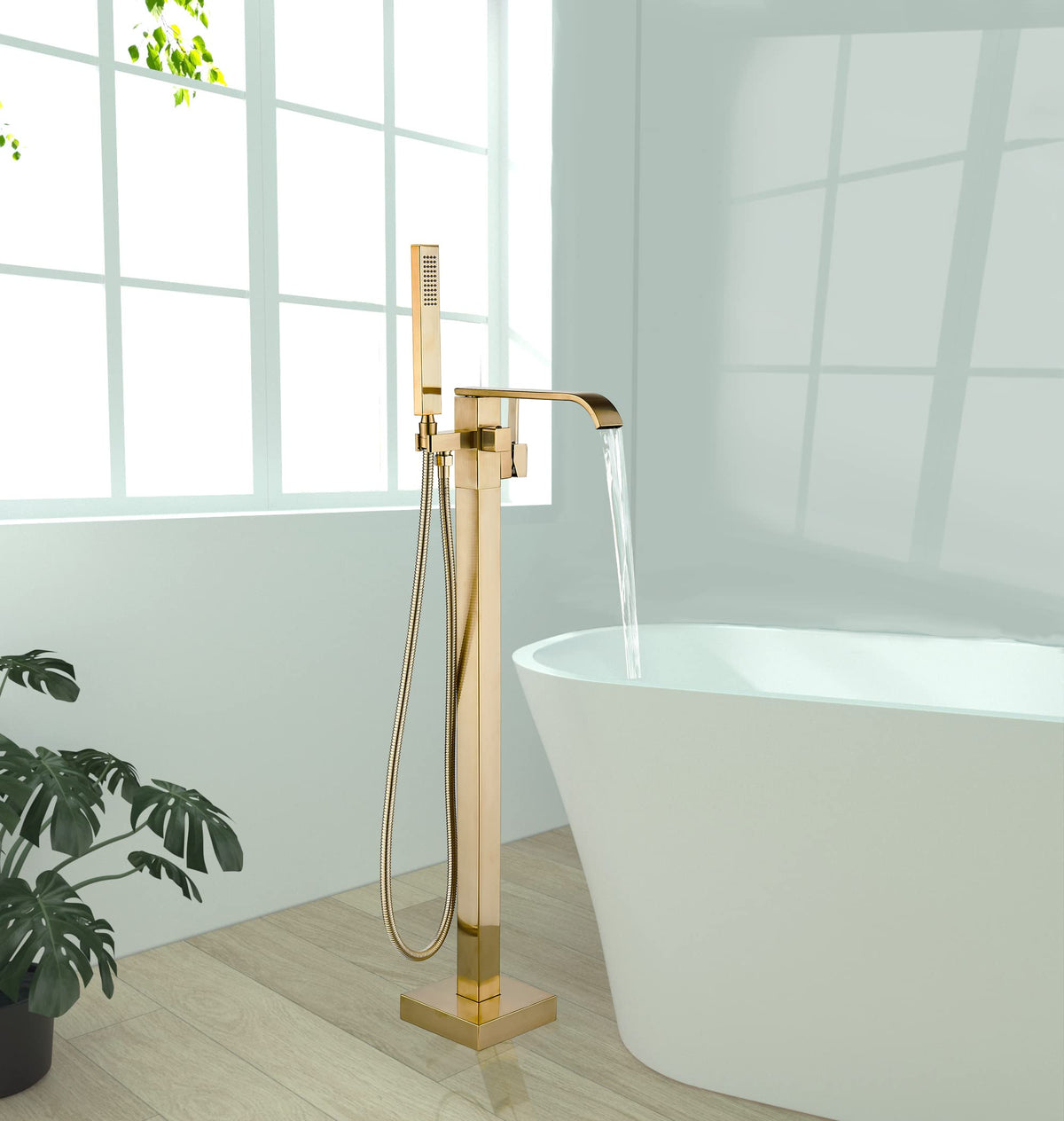Pafilly freestanding bathtub faucet in brushed gold showing elegant, durable design