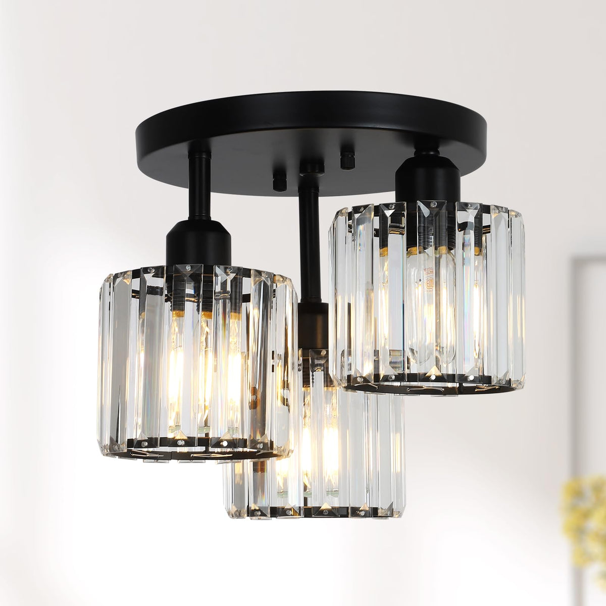 PAUFUL crystal semi-flush mount close to ceiling with prismatic crystals for bright ambiance.