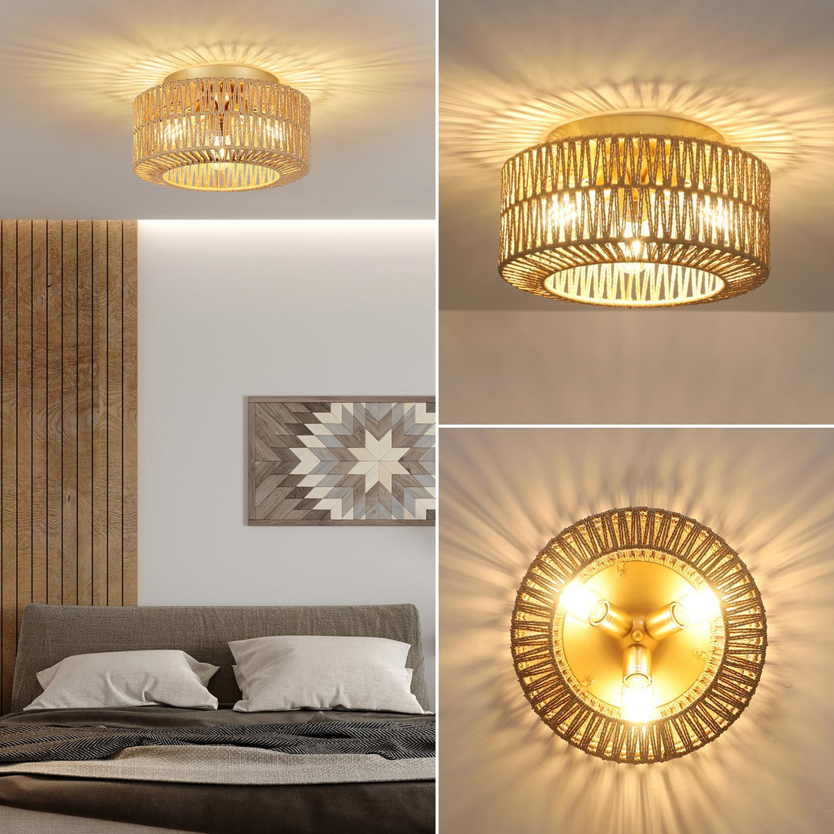 PAUFUL hand-woven shade ceiling light adds stylish bedroom lighting