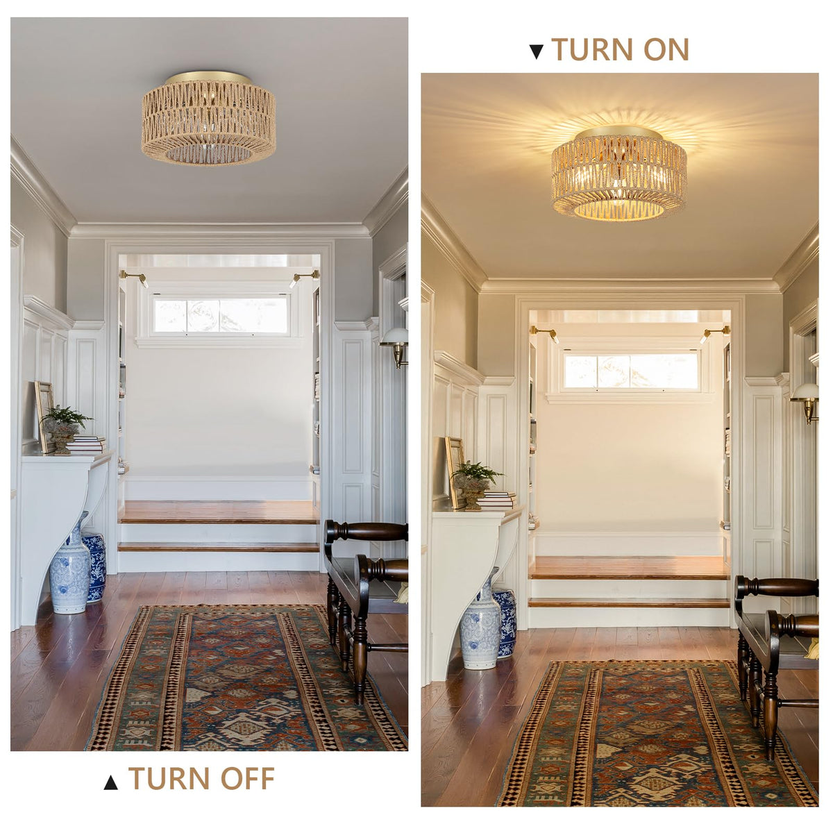 PAUFUL rattan chandelier flush mount creates cozy entryway glow