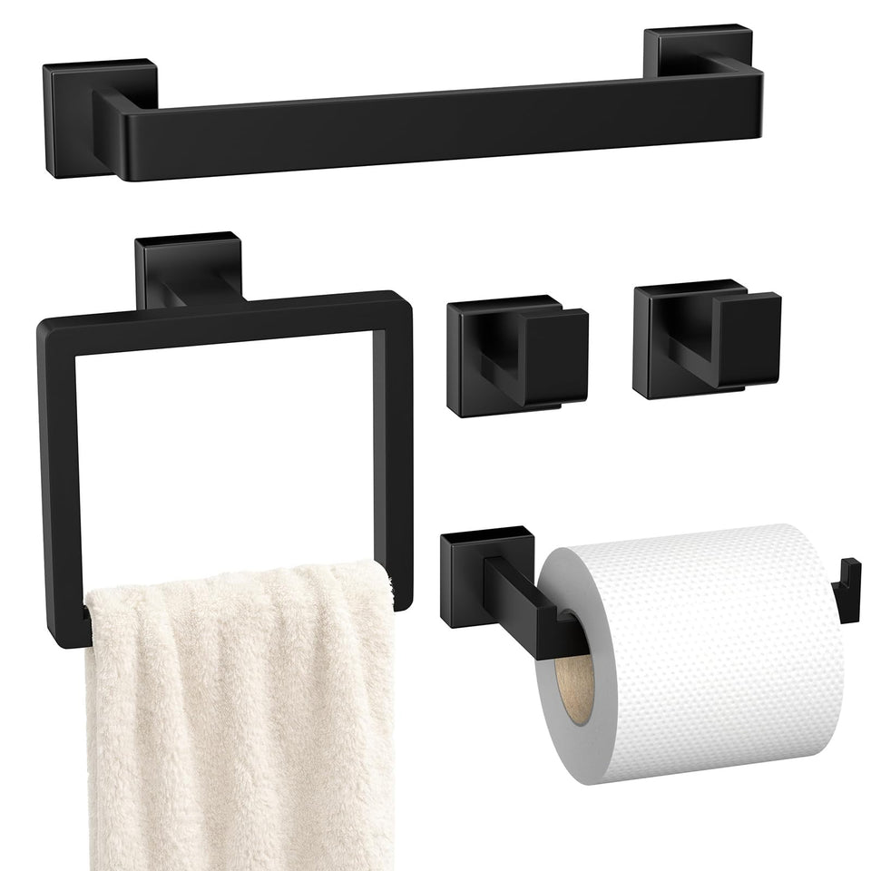 PAHSFS 5-piece matte black towel bar adds sleek storage and rust resistance.