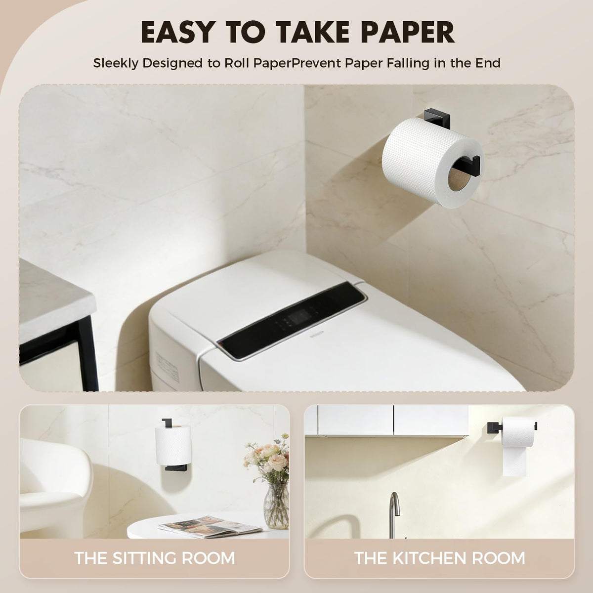 PAHSFS matte black toilet paper holder offers accessible roll storage.