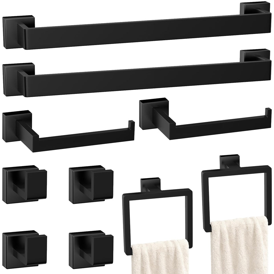 PAHSFS ten-piece matte black bathroom collection for cohesive towel organization