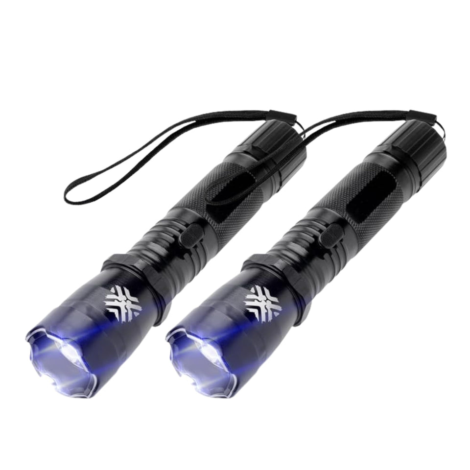 Pain Safari 2-in-1 stun gun flashlight front view shows palm-sized portability.