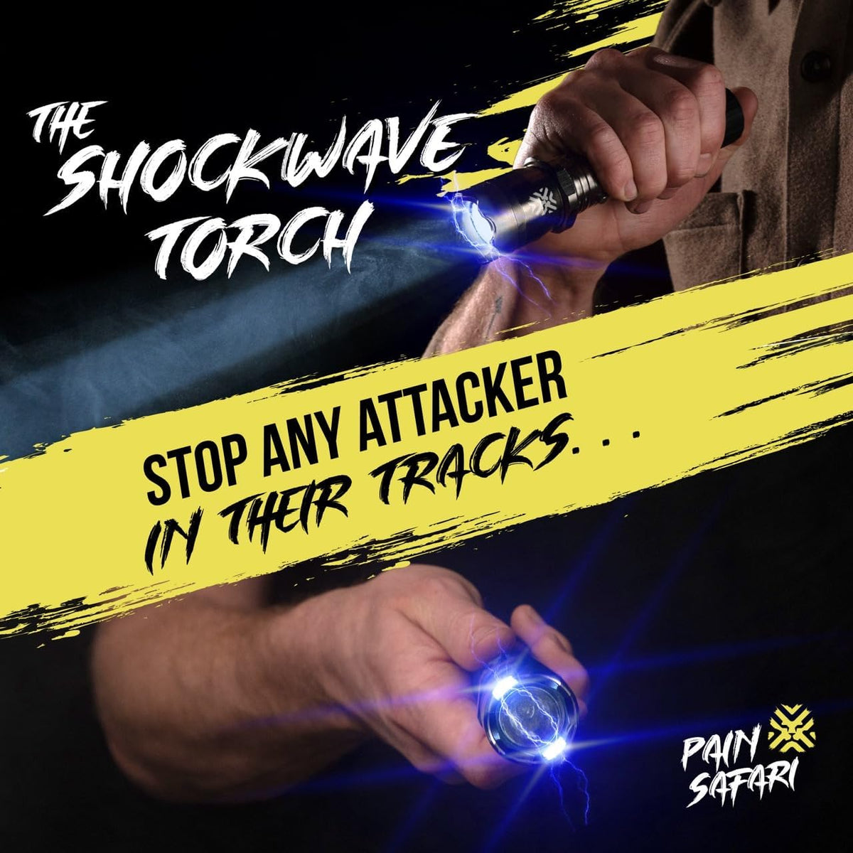 Pain Safari 2-in-1 stun gun flashlight recharge port for easy charging.