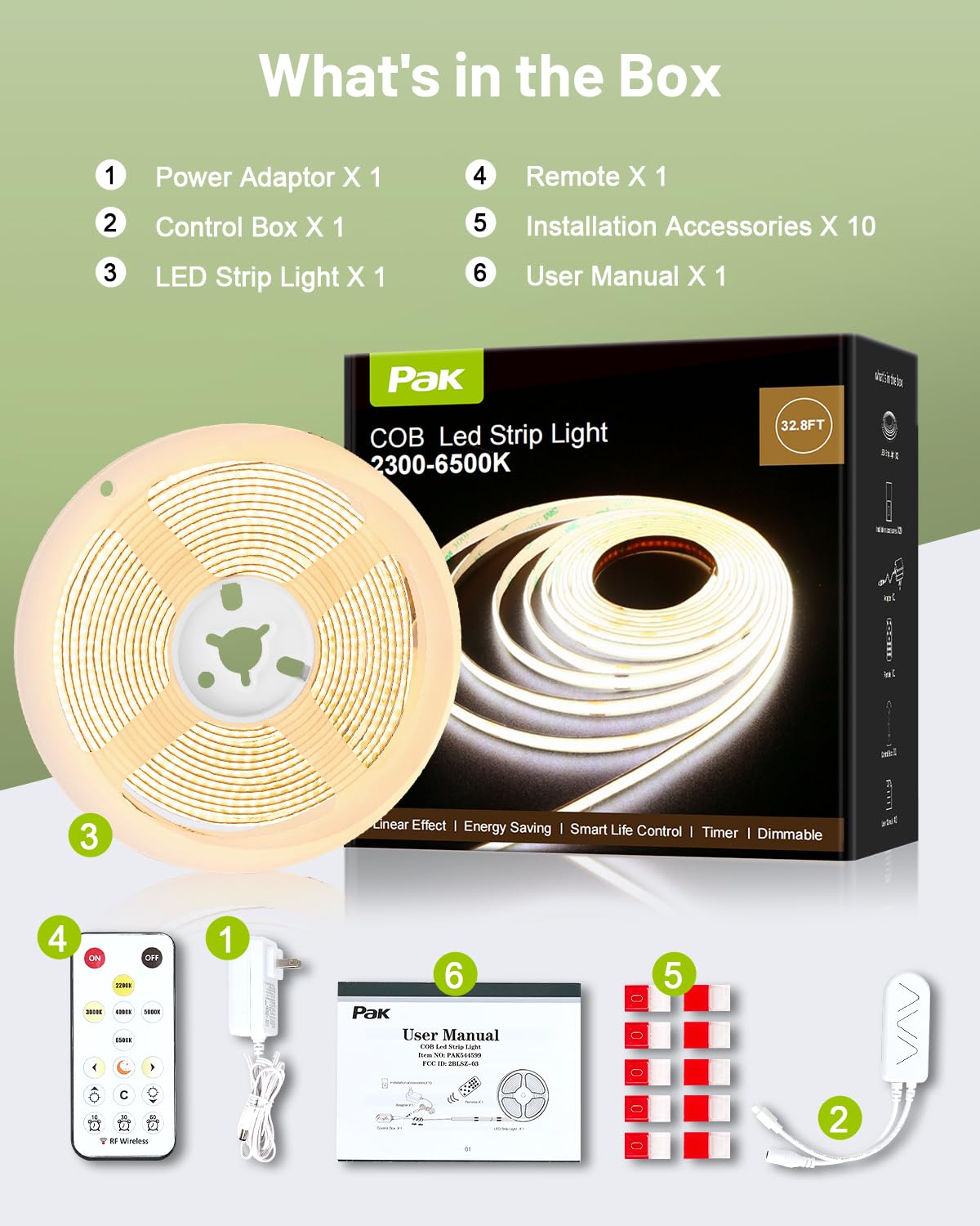 Pak COB LED strip easy installation with adhesive and clips