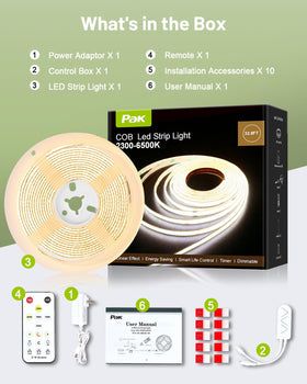 Pak COB LED strip easy installation with adhesive and clips