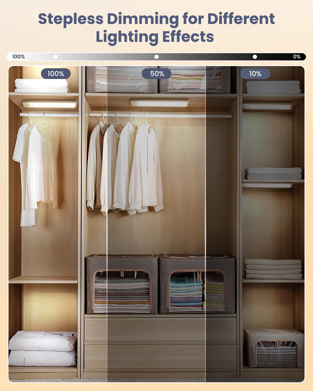 Pak Stepless-Dimming Under-Cabinet Light adjusting brightness from dim to bright.