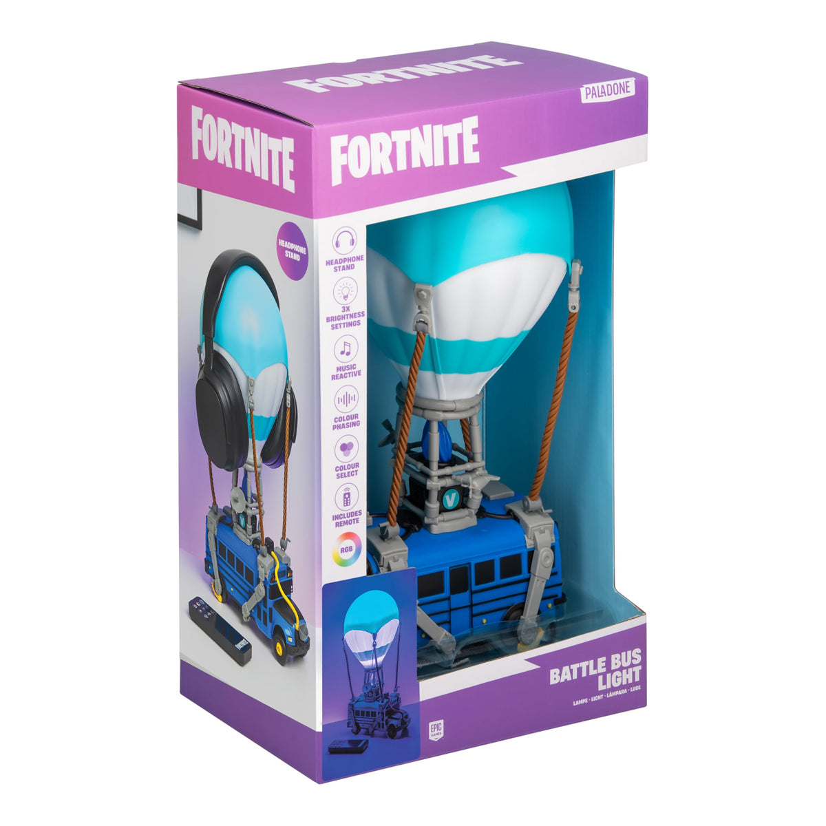 Paladone Fortnite Battle Bus Light in a gamer room shows party-ready vibe.