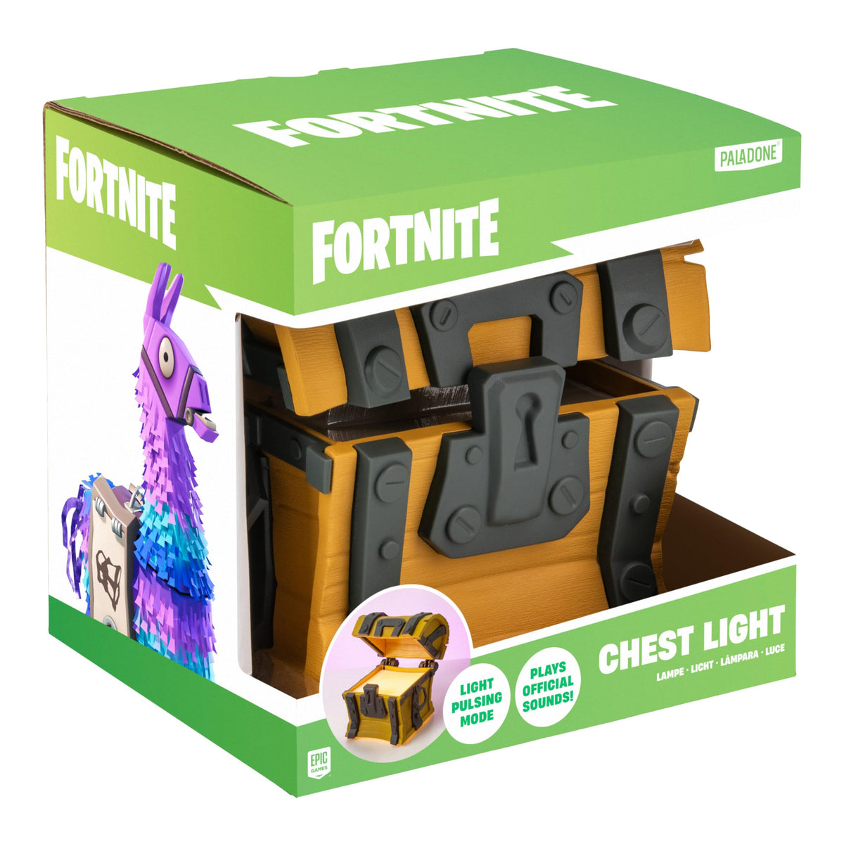 Paladone Fortnite Loot Chest Light battery-powered for cordless placement.